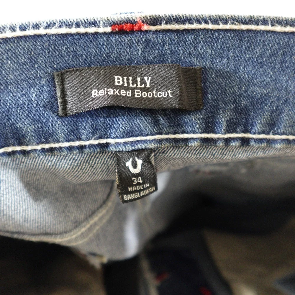 True Religion Jeans Mens 34 Blue Billy Relaxed Bootcut Red Graphic Comet Wash